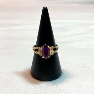 Vintage 14K Gold Amethyst and Diamond Ring Size 6 Marquise Cut